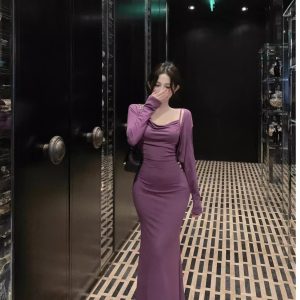 Lavender Sheer-Sleeve Bodycon Maxi Dress